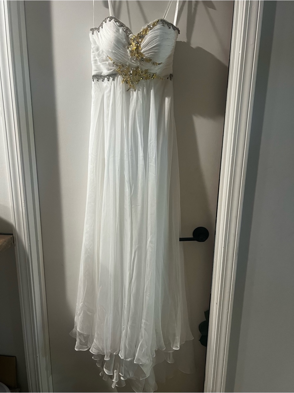 White Strapless Gown with Gold Embellishmentt David & Johnny